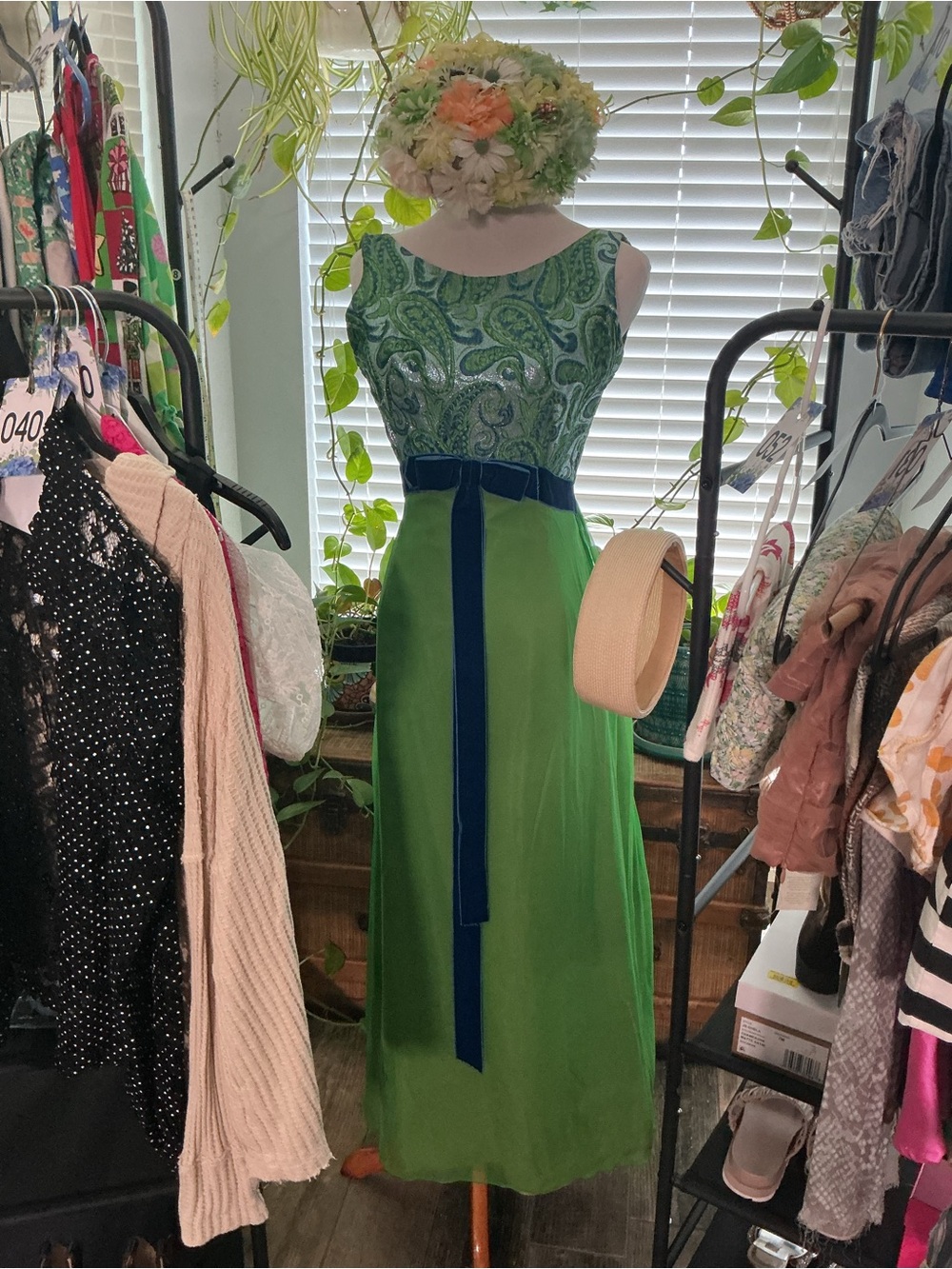 Vintage Green Paisley Bodice Evening Dress with Navy Waist Tie